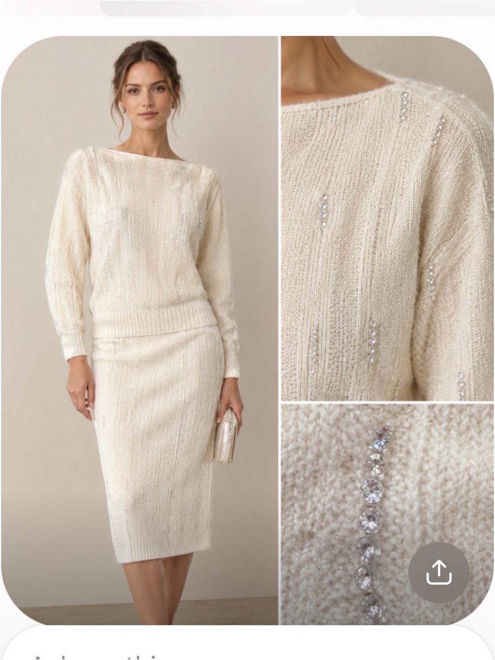 Designer sweater skirt set cream Angora lambswool Claude Vernet crystals Vintage